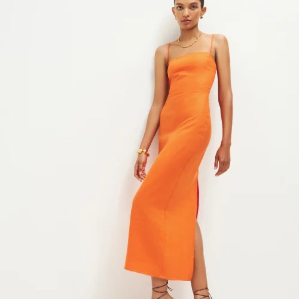 NWOT Reformation Frankie Linen Dress in Citrus Orange Maxi